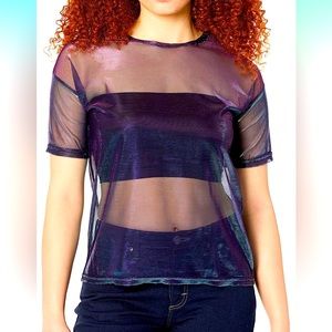 LOTUYACY Women's Sexy Metallic Shimmer Mesh Tee Short Sleeve See Through Mesh